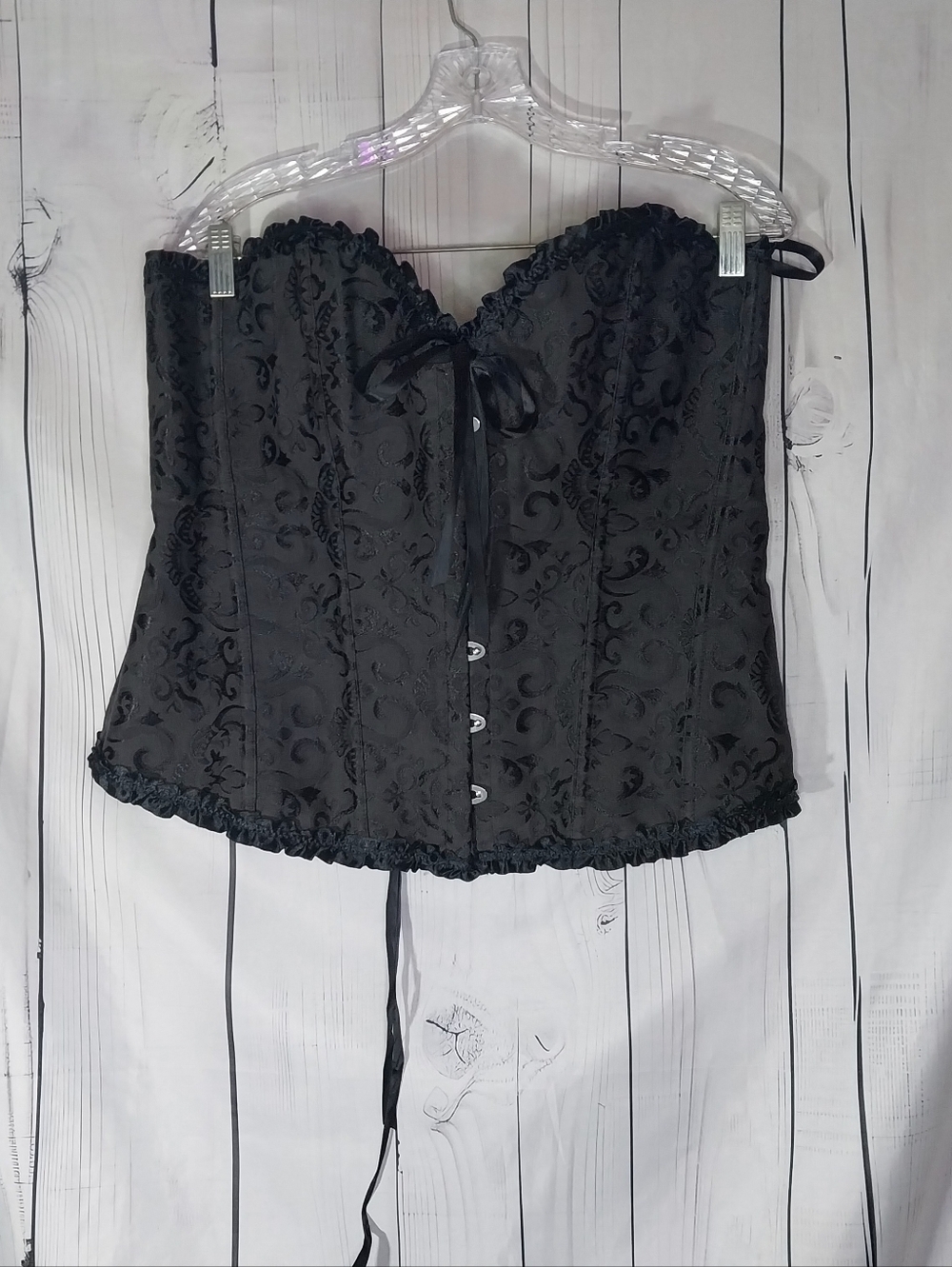 Black Floral Jacquard Strapless Lace-Up Ruffle Trim Y2K 90's Rave Corset Top